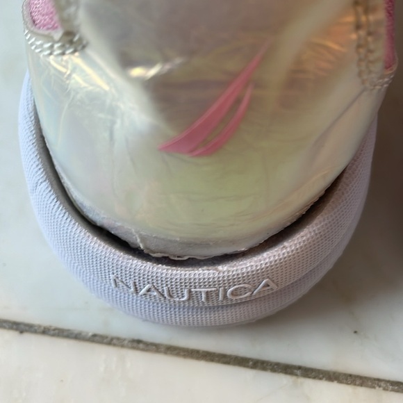Nautica, girls 2, pink and iridescent white stretchy sock boot sneakers - Picture 4 of 9